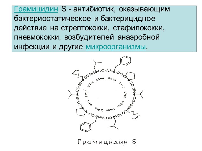 Грамицидин S - антибиотик, оказывающим бактериостатическое и бактерицидное действие на стрептококки, стафилококки, пневмококки, возбудителей